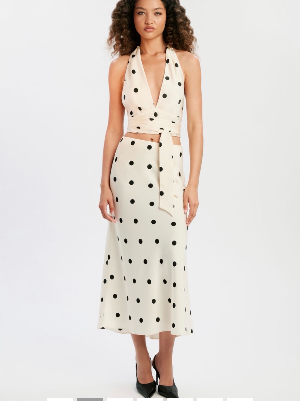 Bardot Cream Halter Crop Top & Black Polka Dot Midi Skirt Set